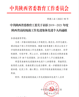 黨委統戰部榮獲2019-2021年度陜西省高校統戰工作先進集體榮譽稱號